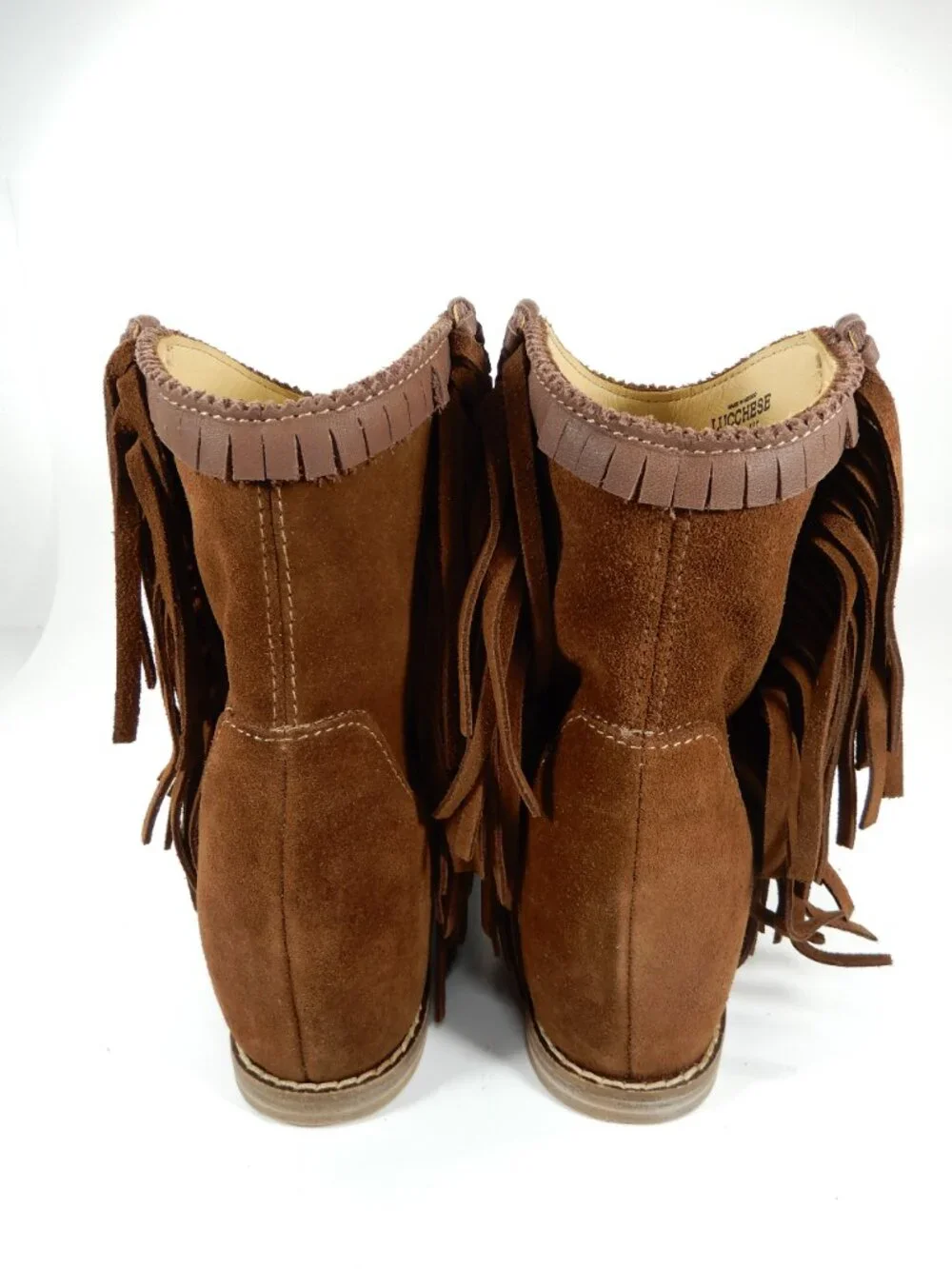 LUCCHESE Hidden Wedge Booties Size 7 Chocolate Brown Suede Fringe Trim NEW